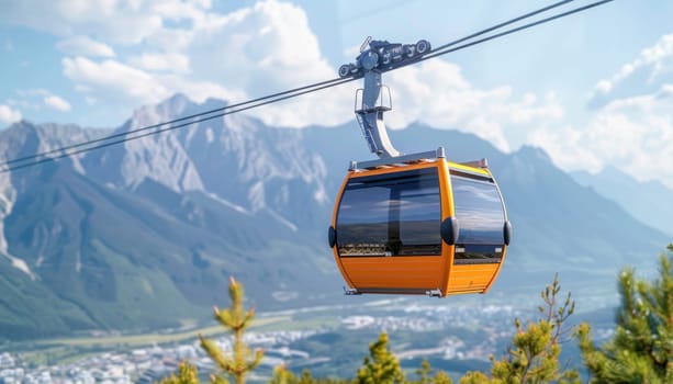 In the background, other mountains can be seen as a cable car ascends a mountain amidst a beautiful natural landscape