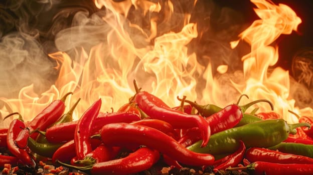 A variety of red and green peppers are shown with flames in the background, emphasizing their colorful and spicy nature