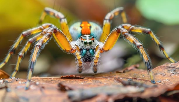 A vibrant jumping spider perches on a stone, showcasing its colorful appearance against the backdrop