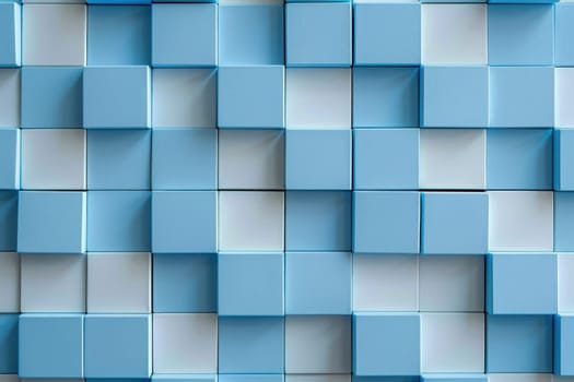 A blue and white checkered pattern of squares on the wall creates a stylish look with a modern touch