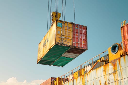 A yellow and green shipping container lifted by a crane in a city under a cloudy sky, showcasing a dynamic urban scene