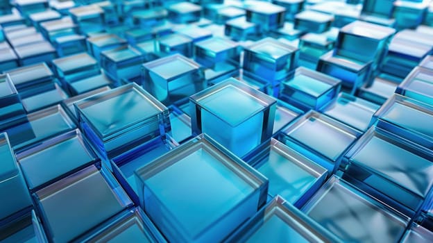 The blue glass cubes are arranged in a calm and precise manner, creating a sense of order and harmony