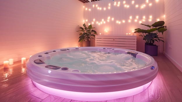 The cozy ambiance of the room is elevated with a hot tub and candles, creating a tranquil atmosphere