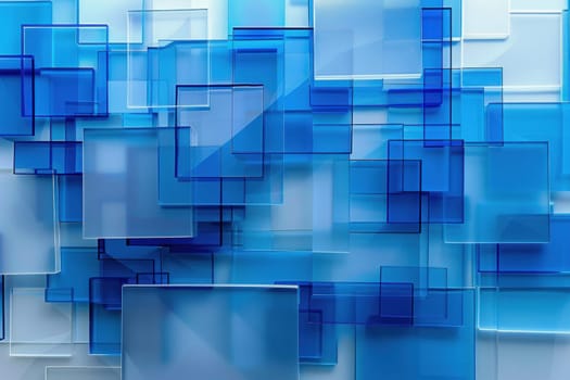 The wall is adorned with a vertical stack of meticulously arranged blue squares, enhancing its aesthetics