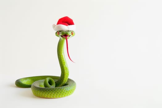 In a whimsical image, a green snake wears a festive Santa hat while placed against a plain white backdrop