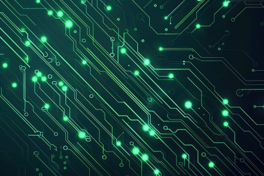 A close up of a green circuit board on a dark background, showcasing advanced technology and engineering