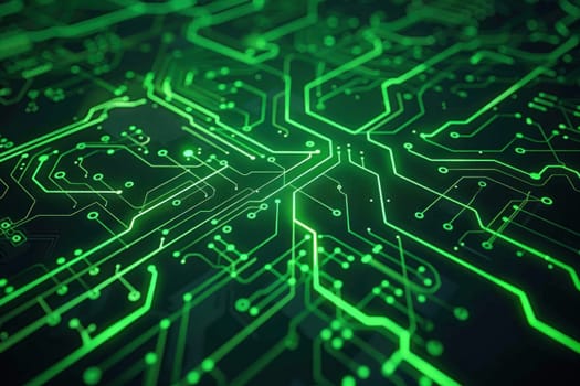 In the image, a green circuit board is shown against a black background, displaying intricate details