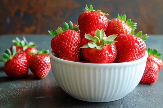 A beautiful white bowl filled with fresh ripe red strawberries atop a table, showcasing natural and nutritious foods