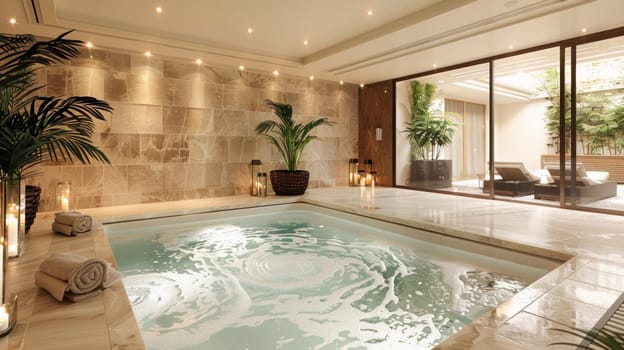 The room is enhanced by a spacious indoor swimming pool in the middle, contributing to a luxurious atmosphere