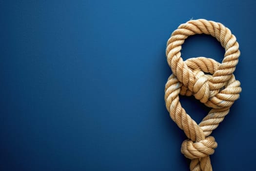 A close up image of a knotted rope on a blue backdrop, representing a stylish accessory or a special occasion