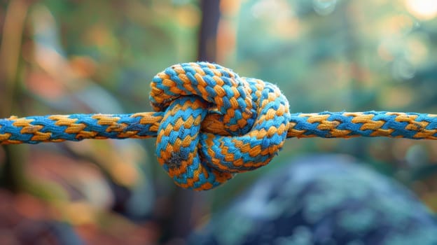 Closeup of a colorful rope knot with blue and yellow colors, showing intricate details in the frame