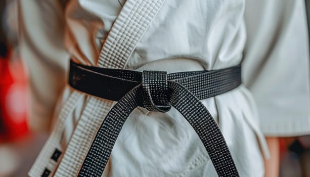 A person wearing a white karate uniform with a black belt around their waist, not wearing glasses or sunglasses