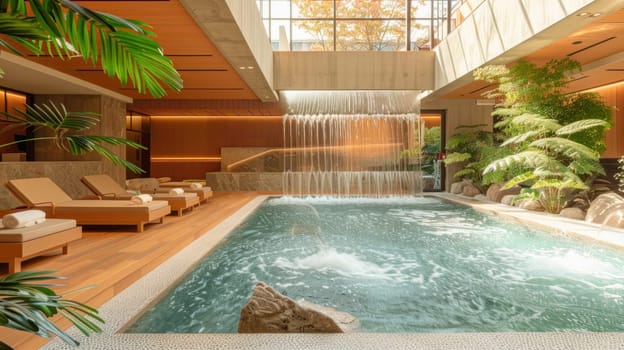 As you continue, youll come across a spacious indoor pool featuring a stunning cascading waterfall