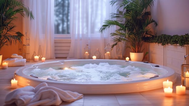 In the center of the room sits a jacuzzi surrounded by glowing candles, creating a tranquil atmosphere