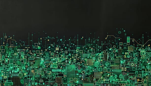 Computer generated image of green circuit board on dark background, reminiscent of a cityscape at night