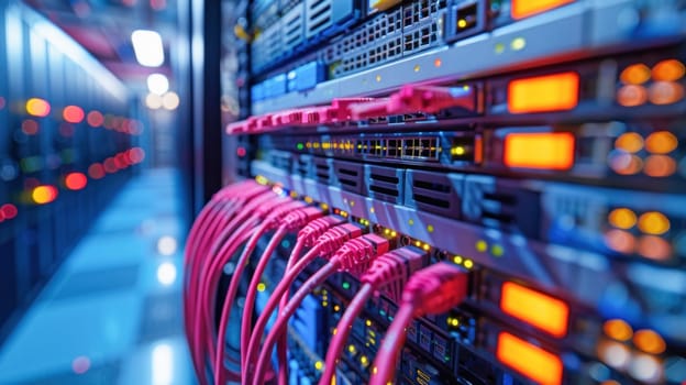 Colorful cables connected to a server in a data center display advanced technology and electrical engineering