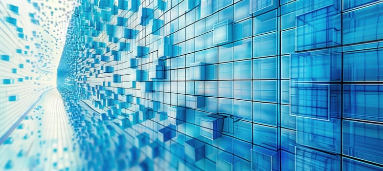A blue wall with squares showing urban design, symmetry, glass, circles, reflections, and a mesh pattern