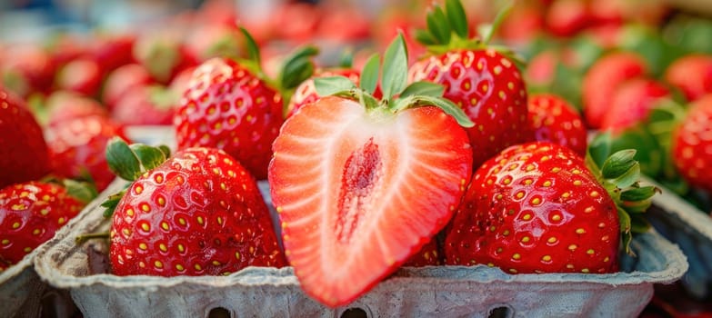 In the cardboard box, there are several whole strawberries and one strawberry that has been cut in half