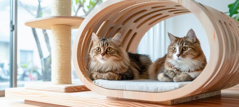 Two domestic shorthaired cats are peacefully relaxing in a comfortable wooden shelter specially made for them