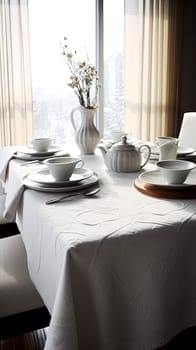 A table with a white tablecloth and a vase of flowers in the center. The table is set with plates, cups, and utensils. Scene is elegant and inviting