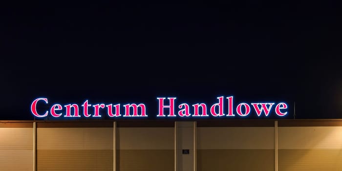 Neon Shopping Center Sign at night Neon in Polish language - Centrum Handlowe