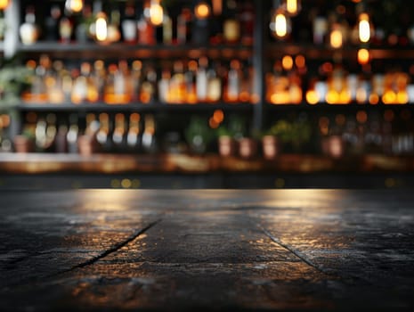 A bar with a counter top and a few bottles on it with copy space.