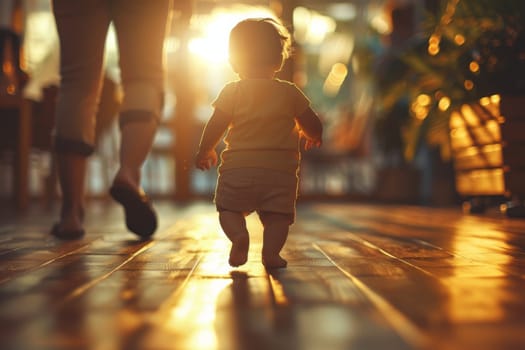 A young child runs through a hallway with a woman following behind. The scene is bright and sunny, with the light shining through the windows and casting shadows on the floor