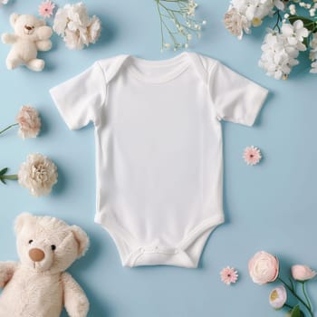 A white baby's onesie is displayed on a table with a variety of wooden toys, including a teddy bear and a toy car. Concept of warmth and comfort, as the baby's clothing