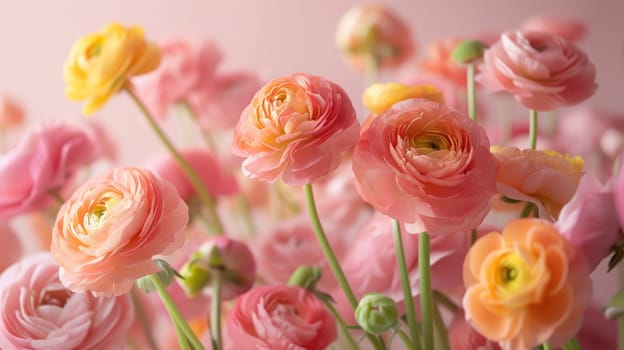 A bouquet of pink and yellow flowers with a pink background. The flowers are arranged in a way that they look like they are in a vase. Scene is cheerful and bright