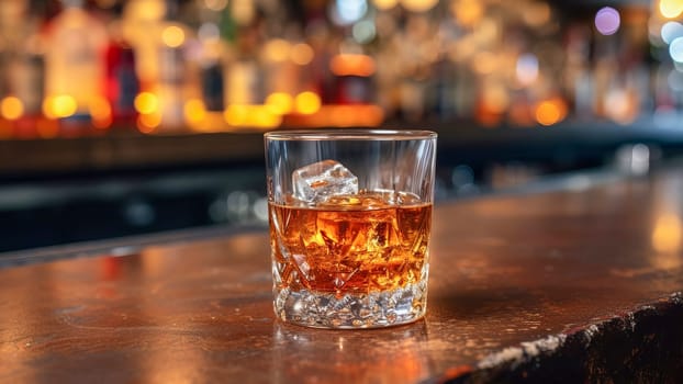 Close-up of a glass of whiskey with ice on a bar counter. AI generated.