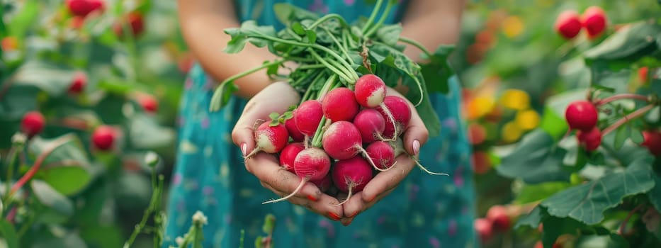 Harvest in the hands of a woman in the garden. Selective focus. nature.