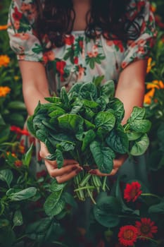 Harvest in the hands of a woman in the garden. Selective focus. nature.