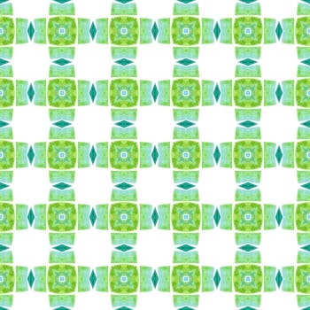 Ikat repeating swimwear design. Green dazzling boho chic summer design. Textile ready gorgeous print, swimwear fabric, wallpaper, wrapping. Watercolor ikat repeating tile border.