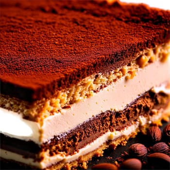 Tiramisu slice with distinct layers dusted with cocoa powder creamy mascarpone filling ladyfinger base Culinary. close-up cake, isolated on transparent background
