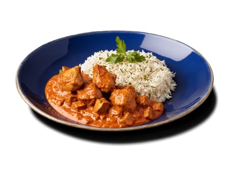 Chicken Tikka Masala Tender chicken chunks simmered in rich aromatic tomato based sauce with hints. Food isolated on transparent background.