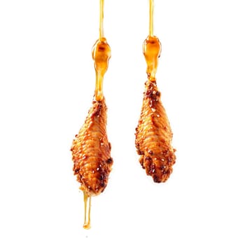 Chicken wings with crispy skin suspended and steaming with sauce dripping Food and culinary concept. Food isolated on transparent background.