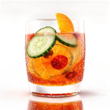 Pimm s cup fruity and gin based with cucumber ribbons and orange slices tumbling. Food isolated on transparent background.