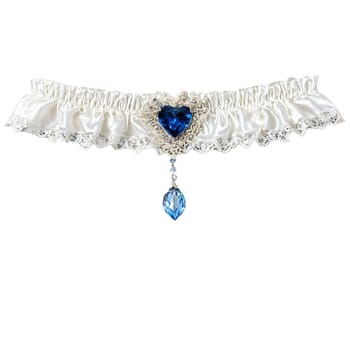 Elegant ivory satin wedding garter lace trim blue crystal heart charm isolated in graceful motion. Woman lingerie isolated on transparent background.