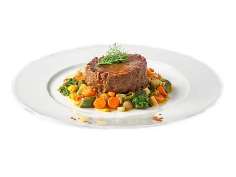 Osso Buco veal shanks braised with vegetables and white wine served on a transparent glass. Food isolated on transparent background.