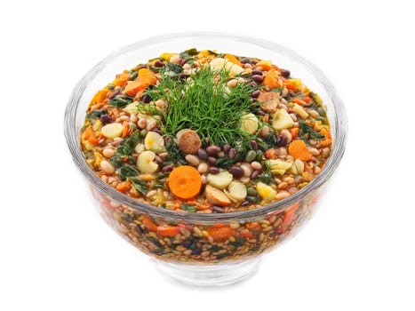 Ribollita Tuscan bread soup with vegetables and beans served in a transparent glass bowl hearty. Food isolated on transparent background.