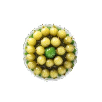 Gooseberry mandala a tangy arrangement of gooseberries with leaves tossing and syrup drizzling. Food isolated on transparent background.