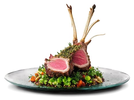 Rack of Lamb herb crusted and drizzled with red wine reduction served on a transparent. Food isolated on transparent background.