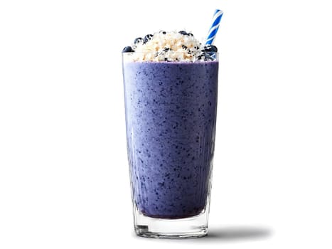 Blueberry Coconut Smoothie A refreshing blueberry coconut smoothie in a stylish glass topped with blueberries. Drink isolated on transparent background.