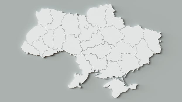 A 3D rendering of Ukraine showing its administrative regions. The background is plain to highlight the map.