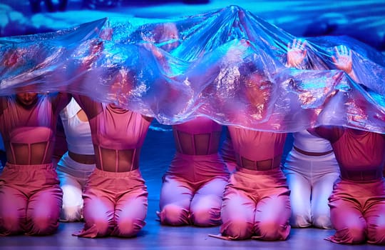Talented dancers in pink leotards perform gracefully on stage behind a transparent curtain lit with a vibrant blue light, captivating the audience with their skill and artistry.