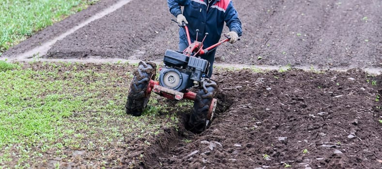 An aged red tractor plowing a vast rural field, preparing the rich soil for planting. Farmer in denim overalls guiding the tractor through fertile land on a sunny day.