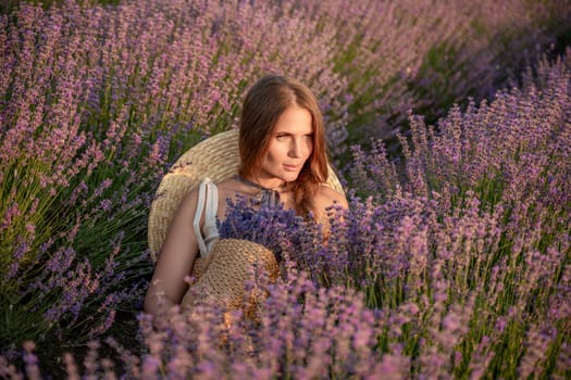 A woman is sitting in a field of lavender flowers. She is wearing a straw hat and holding a basket of flowers. The scene is peaceful and serene, with the woman enjoying the beauty of the flowers