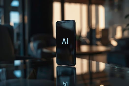 ransparent smartphone display on with AI text to the screen for futuristic technology concepts.