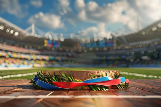 A podium mockup for gold Olympic medal and laurel wreaths on open stadium.