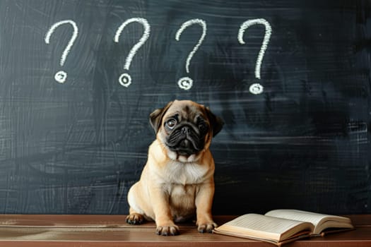 a pug dog sitting with question marks on black board.